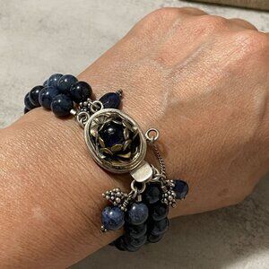 Vintage Blue Sodalite Polished Bead Double Strand Bracelet Sterling Fancy Clasp
